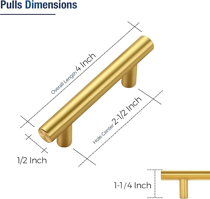 JOY DECOR 45 Pack Cabinet Handles, Gold Cabinet Pulls, 2-1/2 in Hole Center Kitchen Cabinet Handles, Stainless Steel T Bar Handles for Dresser Drawers