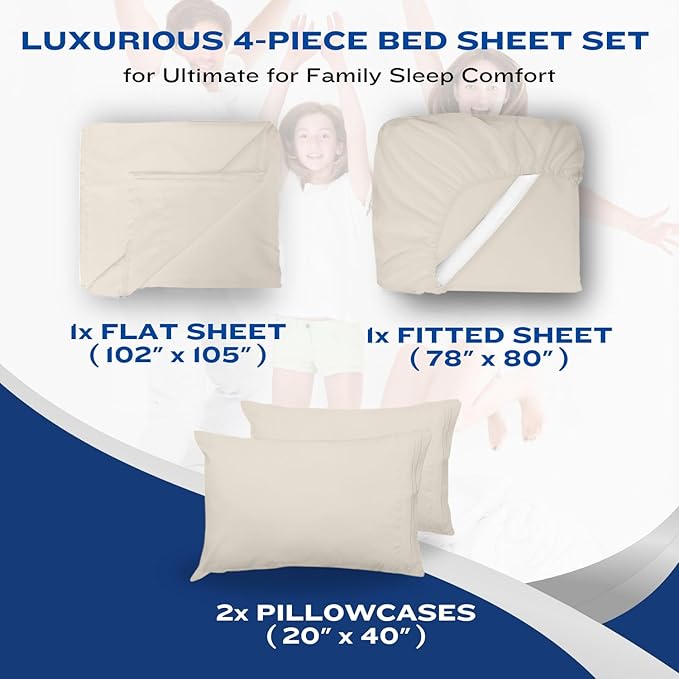 DREAMCARE King Size Sheets Set – 4 pcs Cooling Sheets – up to 21” Deep Pocket King Sheet Set – Hotel Luxury Sheets & Pillowcases – Superior Softness 100% Fine Microfiber with Side Pocket – Ivory