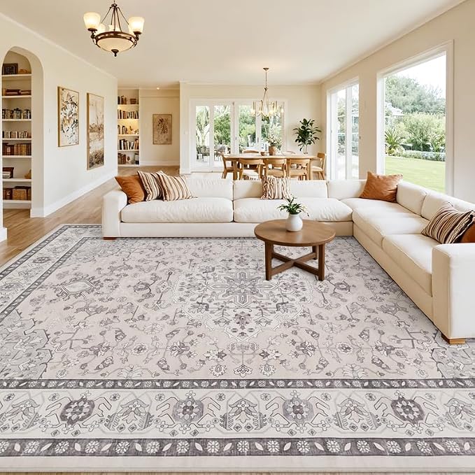 8x10 Area Rugs Living Room: Bedroom Washable Carpet Beige & Grey | Large - Image 8