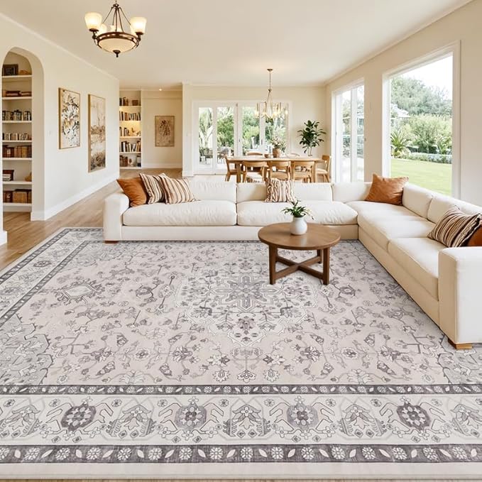 10x12 Area Rugs Living Room: Bedroom Washable Carpet Beige & Grey | Large by Luxturiy