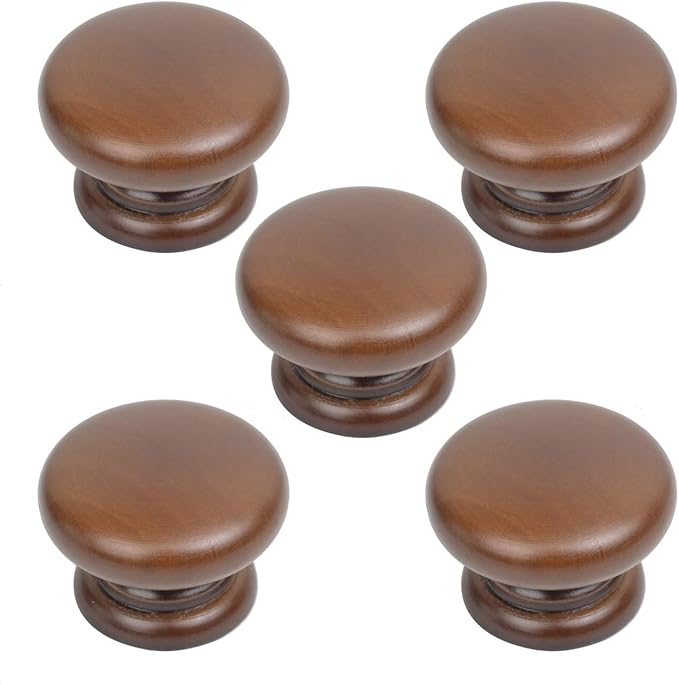 5PCS Round Wood Drawer Knob,Dresser Furniture Drawers 33mm Dia,Walnut Cabinet Pulls Handles with Screws Hardware for Drawer Wardrobe Dresser