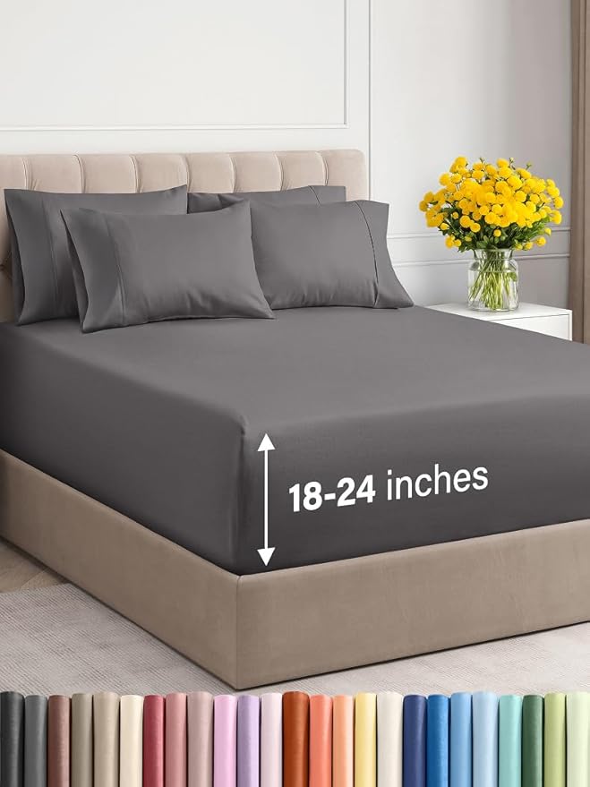 Extra Deep Cal King Sheet Set - 6 Piece Breathable & Cooling Sheets - Hotel Luxury Bed Sheets Set - Easy & Secure Fit - Soft, Wrinkle Free & Comfy Sheets Set - Grey Sheet Set with Extra Deep Pockets