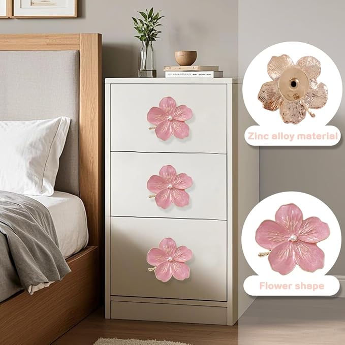 4 Pcs Petal Cabinet Knobs Creativity Flower Shaped Drawer with Metal Handles Screws for Dresser Handles Cabinet Wardrobe Door Handle Decorative Furniture (Pink Pearl)