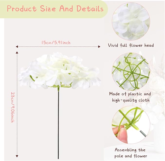 Zeyune 150 Pcs Hydrangea Artificial Flowers, Silk Flower Heads with Stems, Fake Hydrangea Bouquet for Wedding Arch Centerpiece DIY Floral Home Decoration (White)