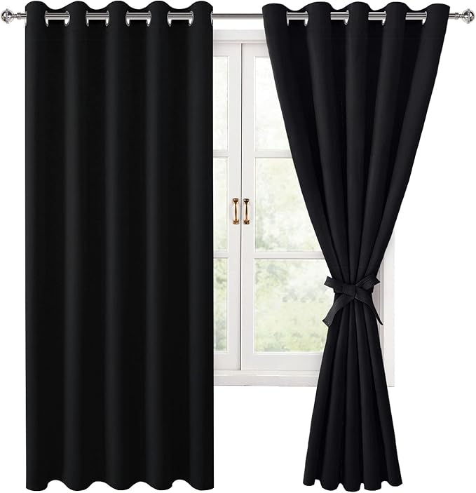 Grommet Blackout Curtains for Bedroom 60 x 72 Inches Black 2 Panels | Thermal by Hiasan