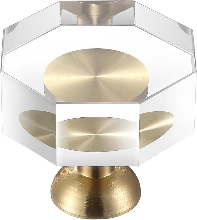 2-Pack 1-1/4-Inch Gold knob Dresser knobs White Cabinet Glass Crystal knobs Brass Drawer Polygonal Dresser Pulls, Drawer pulls