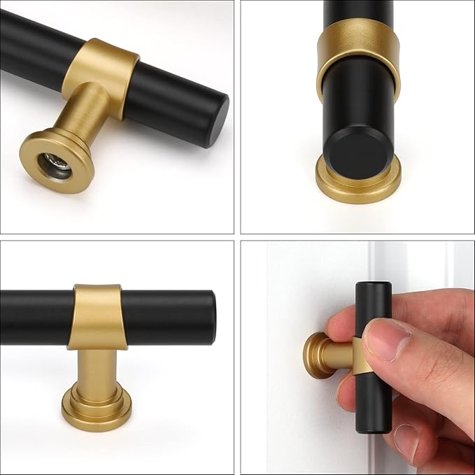 LONTAN 12 Pack Kitchen Cabinet Knobs Black and Gold Drawer Knobs for Dresser Bathroom T-bar Black Hardware for Cabinets, Zinc Alloy Base