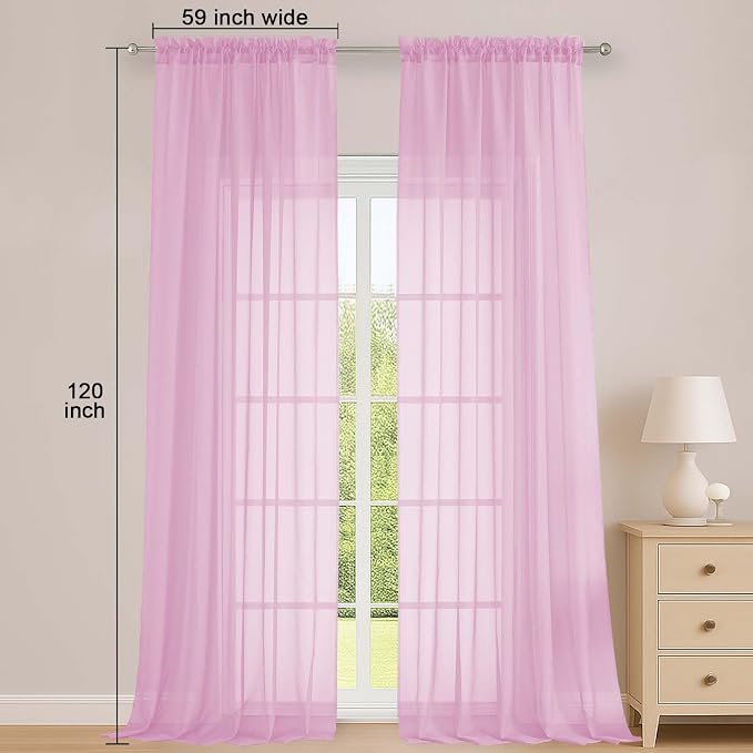 Pink Sheer Curtains 120 Inches Long 2 Panels Set, Airy Lightweight Sheer Pink - Image 2