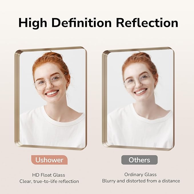 USHOWER Gold Bathroom Mirror 24"x36", Brushed Gold Rounded Rectangle Mirror for Over Sink, Aluminum Frame, Anti-Rust, Tempered Glass, Horizontal or Vertical Mounted