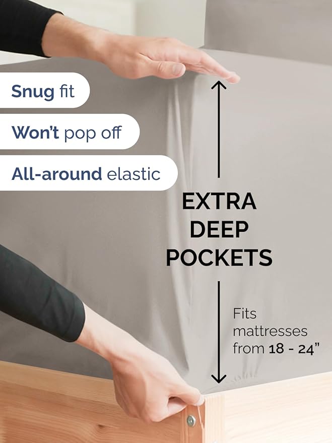 Extra Deep Cal King Sheet Set - 6 Piece Breathable and Cooling Sheets - Hotel Luxury Bed Sheets Set - Easy Fit - Soft, Wrinkle Free and Comfy Sheets Set - Light Grey Sheet Set with Extra Deep Pockets