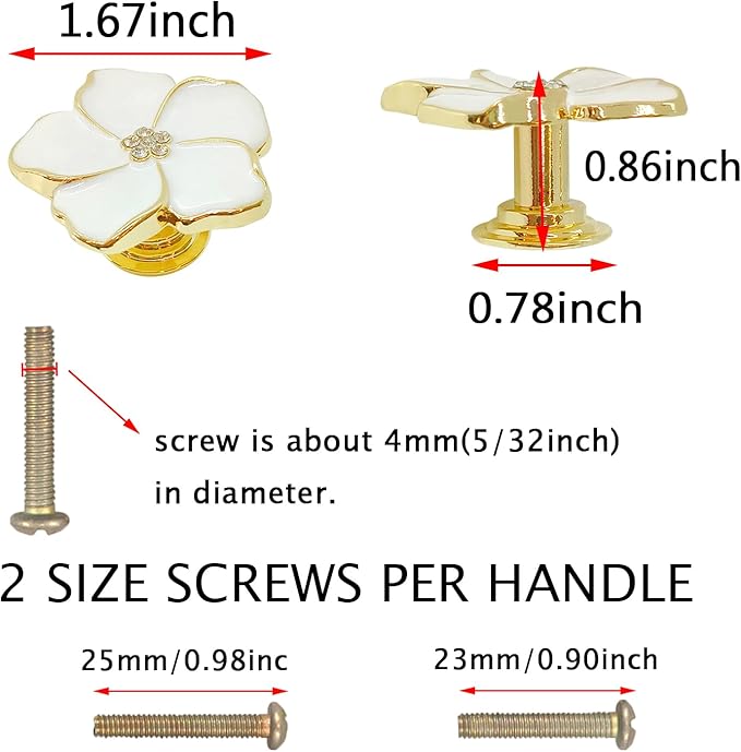 4 White Flower Petal Handles Kitchen Cabinet Knobs & Drawer Pulls (Gold, 8 Screws)