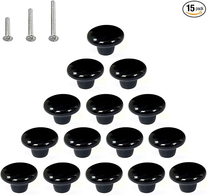 HUAMULAN 15PCS Black Glossy Ceramic Knobs Round Cabinet Dresser Pulls Door Handles Cupboard Wardrobe Drawer, Dia. 1.5 inch 38mm