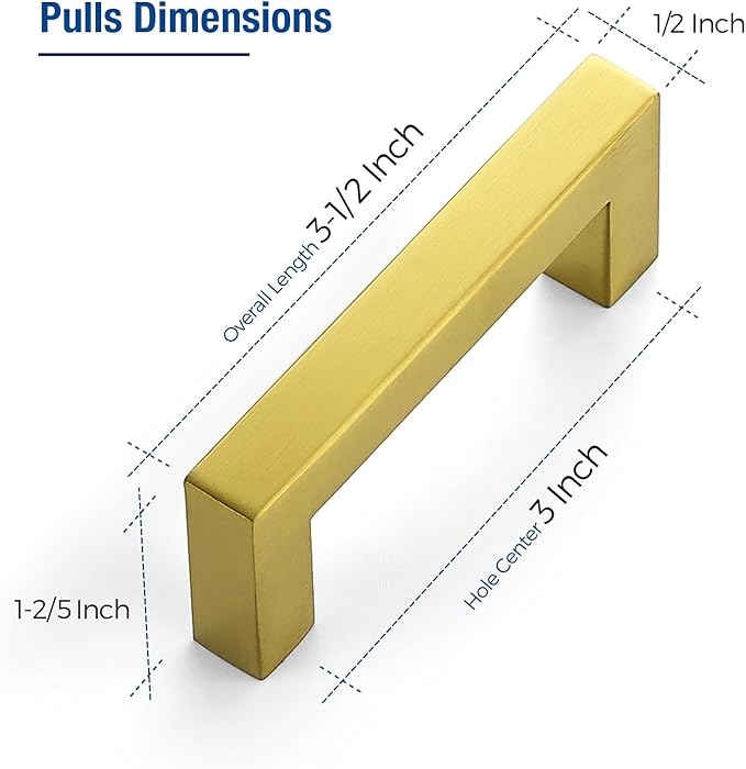 JOY DECOR 12 Pack Cabinet Handles, Gold Cabinet Pulls, 3 Inch Kitchen Closet Handles Square Drawer Pulls Stainless Steel Drawer Hardware, 76mm Hole Centers