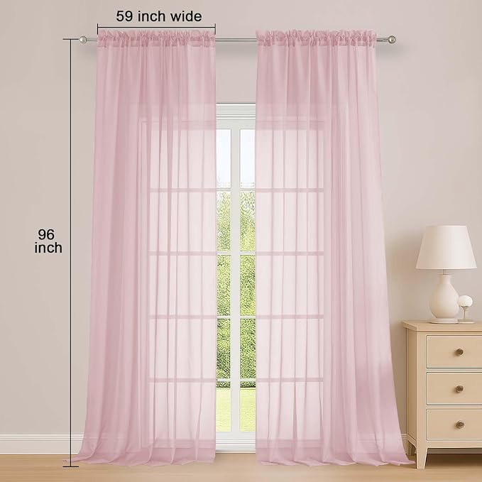 Extra Long Blush Sheer Curtains 96 Inches Long 2 Panels Set, Soft Lightweight - Image 2