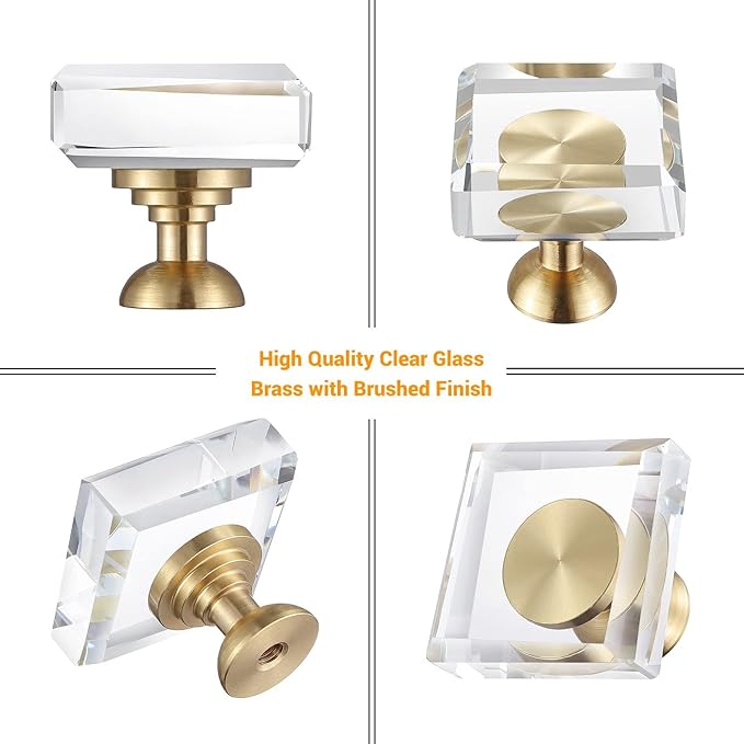 24-Pack 1-1/4-Inch White Cabinet Glass Crystal knobs Brass Drawer Round Knobs Dresser Pulls, Gold Hardware Kitchen Closet knobs for Bifold Doors