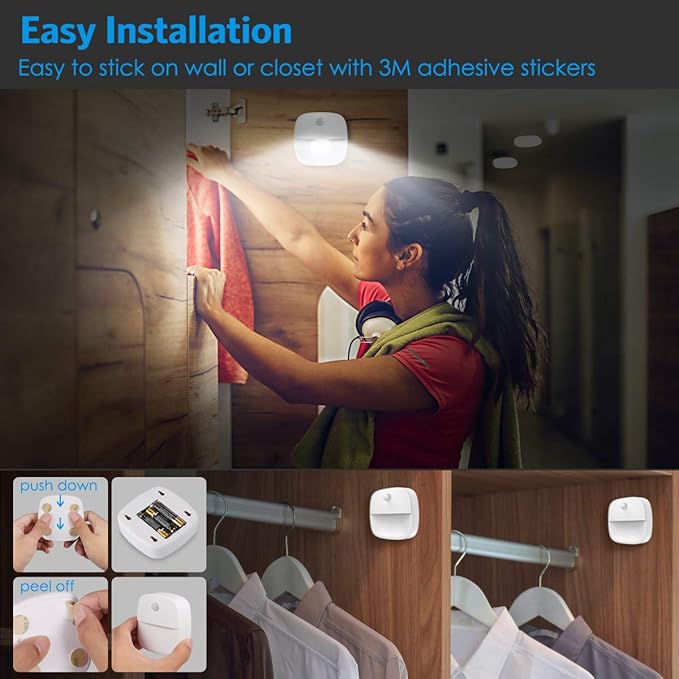 AMIR Upgraded Motion Sensor Light Indoor, Stair Lights Battery Operated, Cordless Stick-On LED Night Light for Closet, Hallway, Bathroom, Kitchen, Cabinet, Energy Efficient (White - Pack of 3)