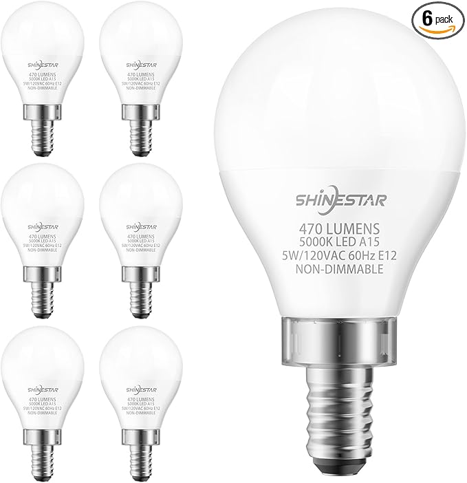 SHINESTAR 6-Pack Ceiling Fan Light Bulbs, Small Base, 120V 40W Equivalent, 5000K Daylight, E12 LED Candelabra Bulb, A15 Shape, Non-Dimmable