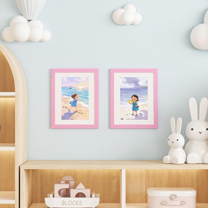 KINLINK 8.5x11 Kids Art Frames Set of 2, Solid Wood Kids Artwork Frames Changeable with Acrylic Front Opening Holds 150 Pictures, Art Frame for Kids Artwork with Mat or without Mat, Pink