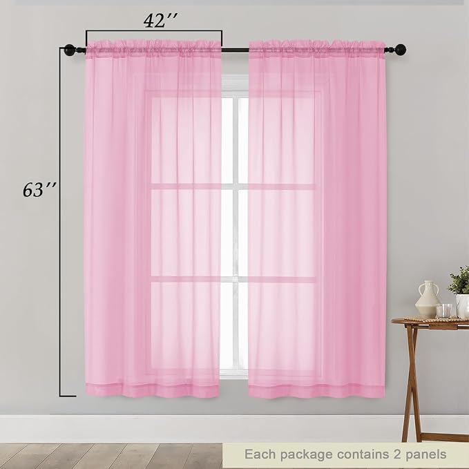 Sheer Pink Curtains for Bedroom Living Room 63 Inch Length 2 Panels, Airy Soft - Image 2