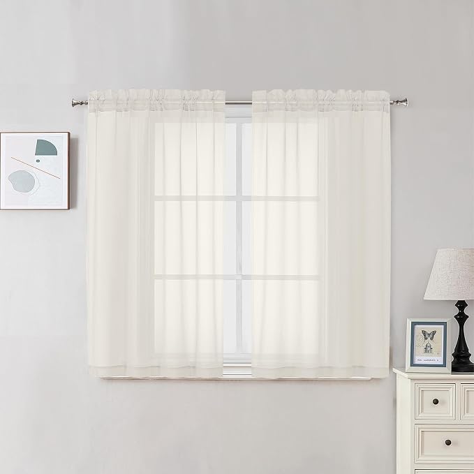 2 Panels Cream Sheer Curtains 54 Inches Length Window Treatment by OVZME