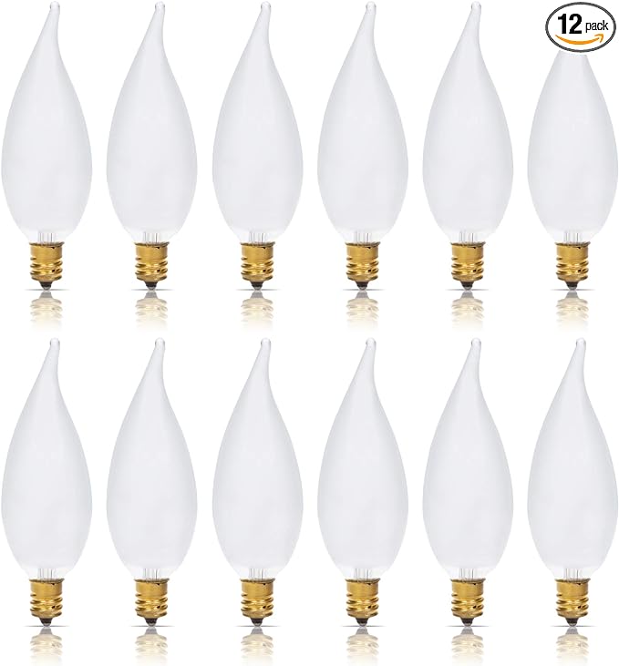 Simba Lighting Candelabra Flame Tip Frosted CA10 25W E12 Base (12 Pack) Decorative Incandescent Light Bulbs 120V for Chandeliers, Ceiling Fan Lights, Pendants, Wall Sconces, Dimmable, Warm White 2700K