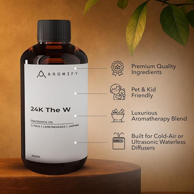 24K The W Diffuser Oil, 6.7 FL Oz, 200 mL, Luxury Hotel Scent for Home, Bathroom, Spa & Office, Hotel Aroma, Natural Essential Oil, Citrus & Lemongrass.