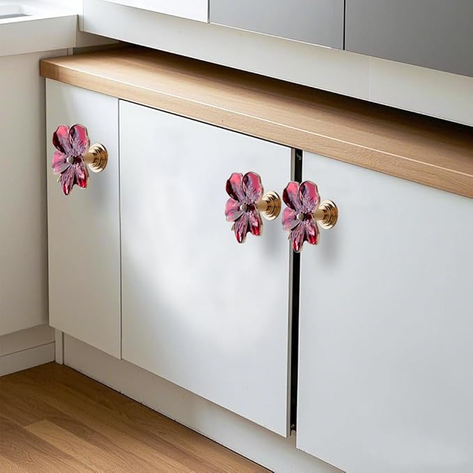 4 Pcs Petal Cabinet Knobs Creativity Flower Shaped Drawer with Metal Handles Screws for Dresser Handles Cabinet Wardrobe Door Handle Decorative Furniture (Red)