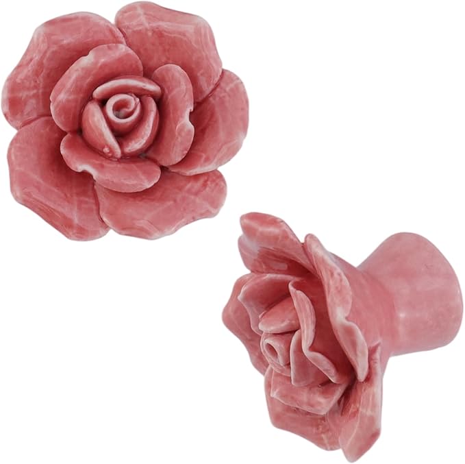 4PCS Ceramics Pink Rose Knobs Flower Shaped Drawer Pulls for Cupboard with 2 Kinds of Screws, 1.65" × 1.3"