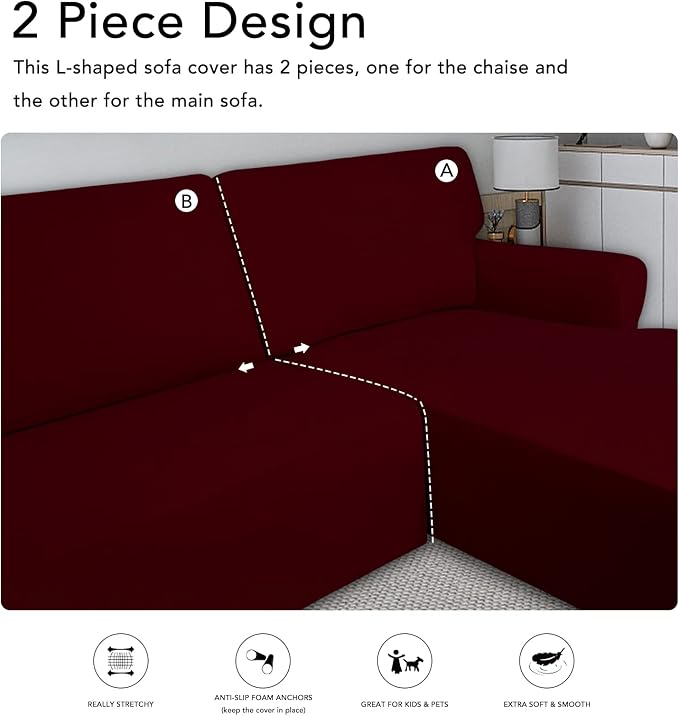 PureFit Stretch Sectional Couch Covers 2 pcs Non Slip L Shape Sofa Cover | - Image 5