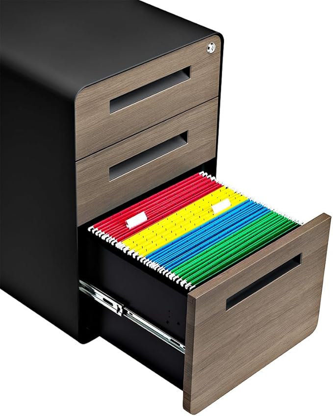 Laura Davidson Furniture Stockpile 3 Drawer File Cabinet with Lock - Under Office Desk Metal Filing Cabinet, Legal/Letter File Folders, Wheels and Stationary Feet, Pre-Assembled, Black/Wood