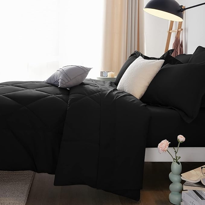 CozyLux Oversized King Comforter Set Black - 7 Pieces Bed in a Bag Comforter Set with Sheets, Luxury Soft Bed Set All Seasons, Bedding Set with Down Alternative Comforter, Sheets, Pillowcases & Shams