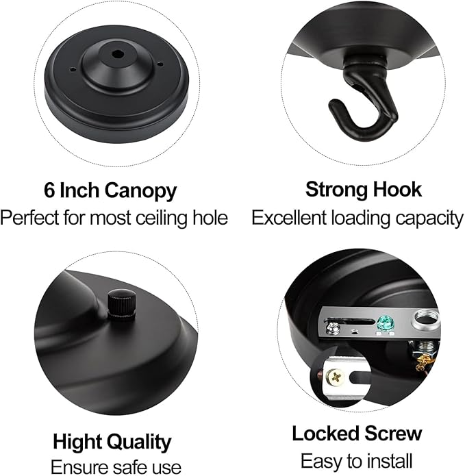 Light Canopy Kit, 6IN Chandelier Kit with Hook, Matte Black Ceiling Metal for Pendant Light, Chandelier, Grow Plant, Max Load 33LBS