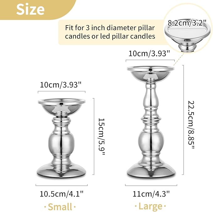 Nuptio Silver Pillar Candle Holders, Wedding Centerpieces Metal Candle Holder for 3inches Candles Stand Decoration Ideal for Weddings Special Events Parties Living Room, 2 Pcs