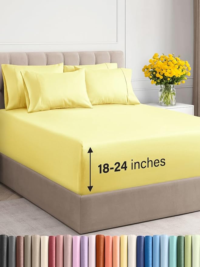 Extra Deep Queen Sheet Set - 6 Piece Breathable & Cooling Sheets - Hotel Luxury Bed Sheets Set - Easy & Secure Fit - Soft, Wrinkle Free & Comfy Sheets Set - Yellow Sheet Set with Extra Deep Pockets