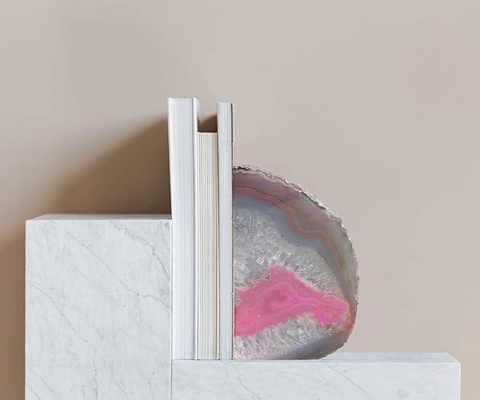 AMOYSTONE Brazilian Rock Bookends 1 Pair Pink Agate Geode Bookends 3-4 Lbs for Video Games CDs Unique Bookends Home Decorative