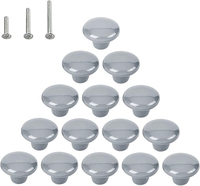 HUAMULAN 15PCS Glossy Ceramic Knobs Button Round Mushroom Cabinet Dresser Vintage Pulls Door Handles Cupboard Wardrobe Drawer, Dia. 1.5 inch 38mm, Gray