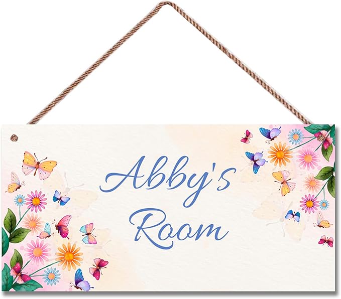 Personalized Sign For Kids Room Door Sign, Romantic Butterfly Flowers Wall Art Sign for Little Man Cave, Custom Name Wooden Signs for Girls Bedroom Nursery Name Hanging Décor