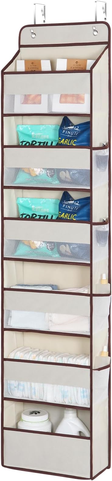 Univivi 6 Tier Over The Door Organizer With 8 Mesh Side Pockets, Bathroom Organizers and Storage Over The Door Organizer For Nursery Baby Essentials (Beige)