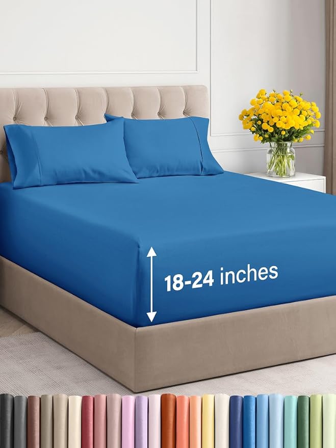 Extra Deep Twin Sheet Set - 4 Piece Breathable & Cooling Sheets - Hotel Luxury Bed Sheets Set - Easy & Secure Fit - Soft, Wrinkle Free & Comfy Sheets Set - Royal Blue Sheet Set with Extra Deep Pockets