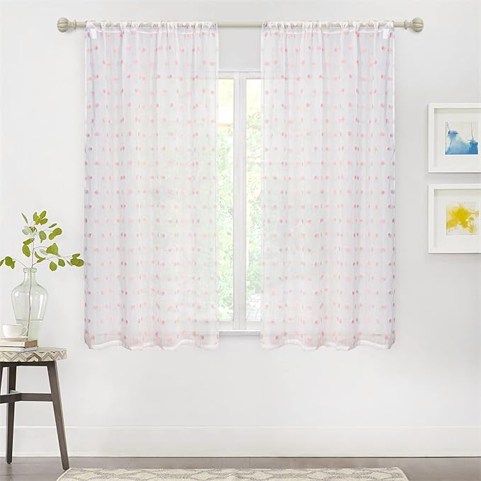 MYSKY HOME Short Curtains for Kitchen Windows Pink Pom Pom Curtains for Bedroom Light Filtering White Sheer Curtains for Nursery Cafe Bathroom Privacy Rod Pocket Bohemian Voile 38 x 45 inch 2 Panels
