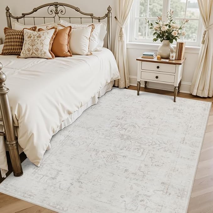 5x7 Area Rugs Living Room: Bedroom Washable Carpet Neutral Cream | Large - Image 2