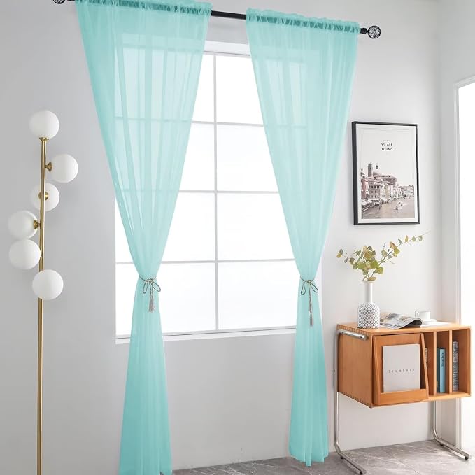 SpaceDresser Basic Rod Pocket Sheer Voile Window Curtain Panels Sky Blue 1 Pair - Image 2
