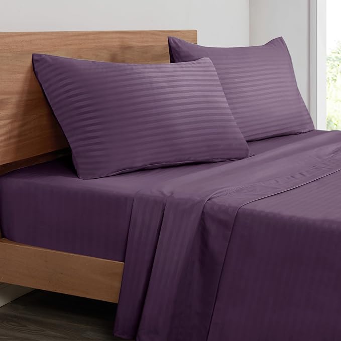 Mejoroom Striped Queen Size Sheet Set - Hotel Luxury 1800 Bedding Sheets & Pillowcases - Deep Pocket Fitted Sheet, Soft, Breathable, Wrinkle & Fade Resistant - 4 Piece (02-Purple)