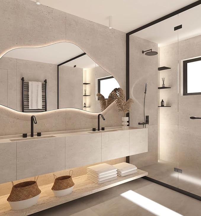 Asymmetrical Bathroom LED Mirror, Modern Irregular Shape Wall Mirror with LED Lights, Frameless Aesthetic Backlit LED Illimunated Vanity Mirror (20" x 10" inc)