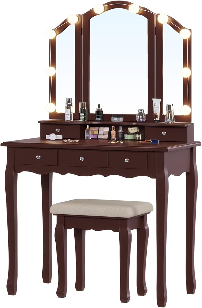 Tiptiper Vanity Desk, Makeup Vanity with Lighted Tri-Folding Mirror & Stool, Vanity Table Set with 10 LED Light Bulbs & 3 Color Lighting Modes, Makeup Table with 5 Storage Drawers, Brown