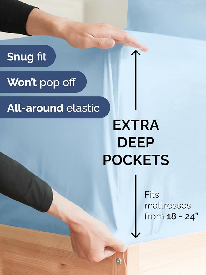 Extra Deep Split King Sheet Set - 7 Piece Breathable & Cooling Sheets - Hotel Luxury Bed Sheets Set - Easy Fit - Soft, Wrinkle Free & Comfy Sheets Set - Light Blue Sheet Set with Extra Deep Pockets