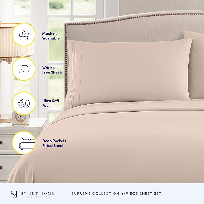 King Size Sheets - Breathable Luxury Bed Sheets with Full Elastic & Secure Corner Straps Built In - 1800 Supreme Collection Extra Soft Deep Pocket Bedding, Sheet Set, EXTRA DEEP pocket - King, Beige