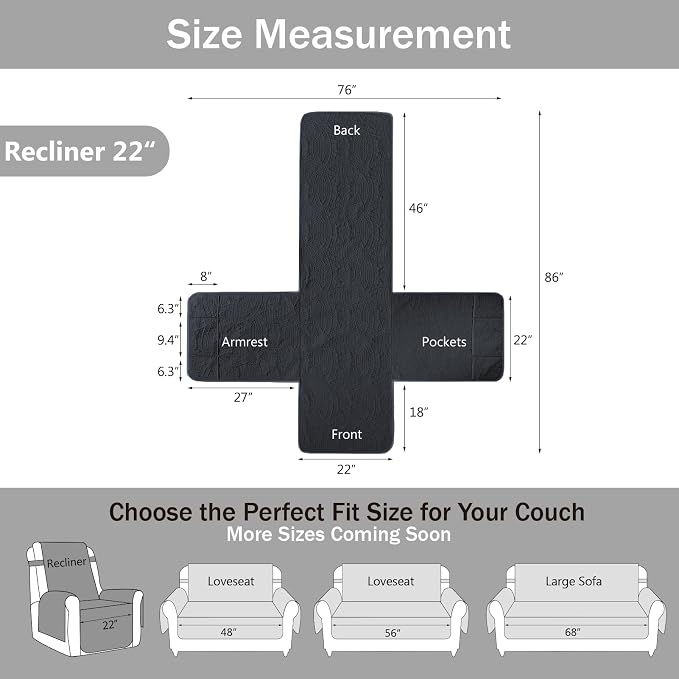 Blue Quilted Recliner Covers, Water-Repellent Recliner Slipcovers, Lazy Boy - Image 7
