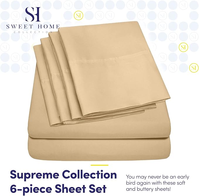Cal King Size Bed Sheets - 6 Piece 1500 Supreme Collection Fine Brushed Microfiber Deep Pocket California King Sheet Set Bedding - 2 Extra Pillow Cases, Great Value, California King, Camel