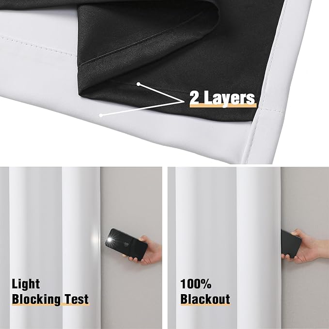 ChrisDowa White 100% Blackout Curtains for Bedroom with Black Liner, 2 Thick Layers Total Blackout Thermal Insulated Grommet Window Curtains 2 Panels Set (Pure White, 52 x 72 Inch)